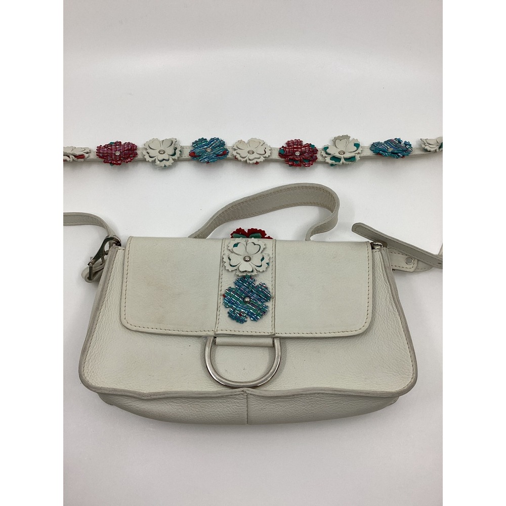 SAS Portrait Collection White Leather Floral Applique Shoulder Bag Made in USA